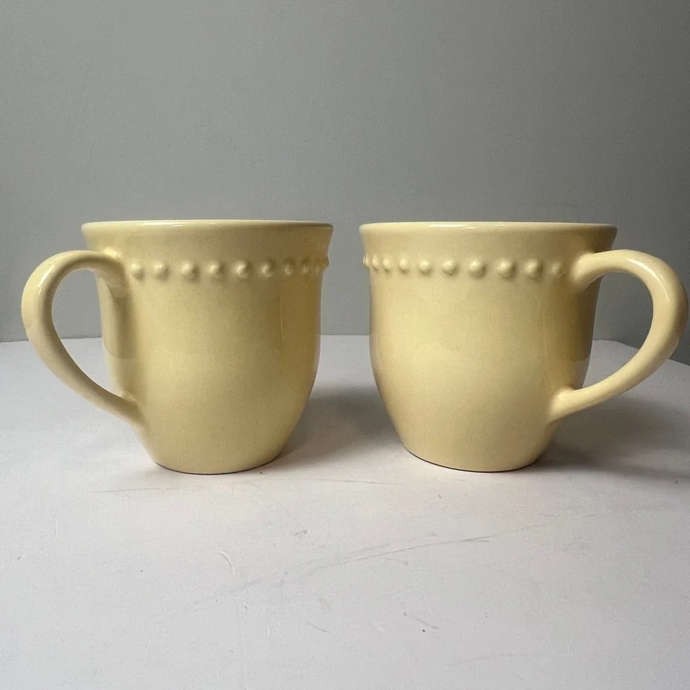 Pottery Barn Emma Coffee Mug Set of 2 Yellow Beaded Stoneware Portugal Farmhouse